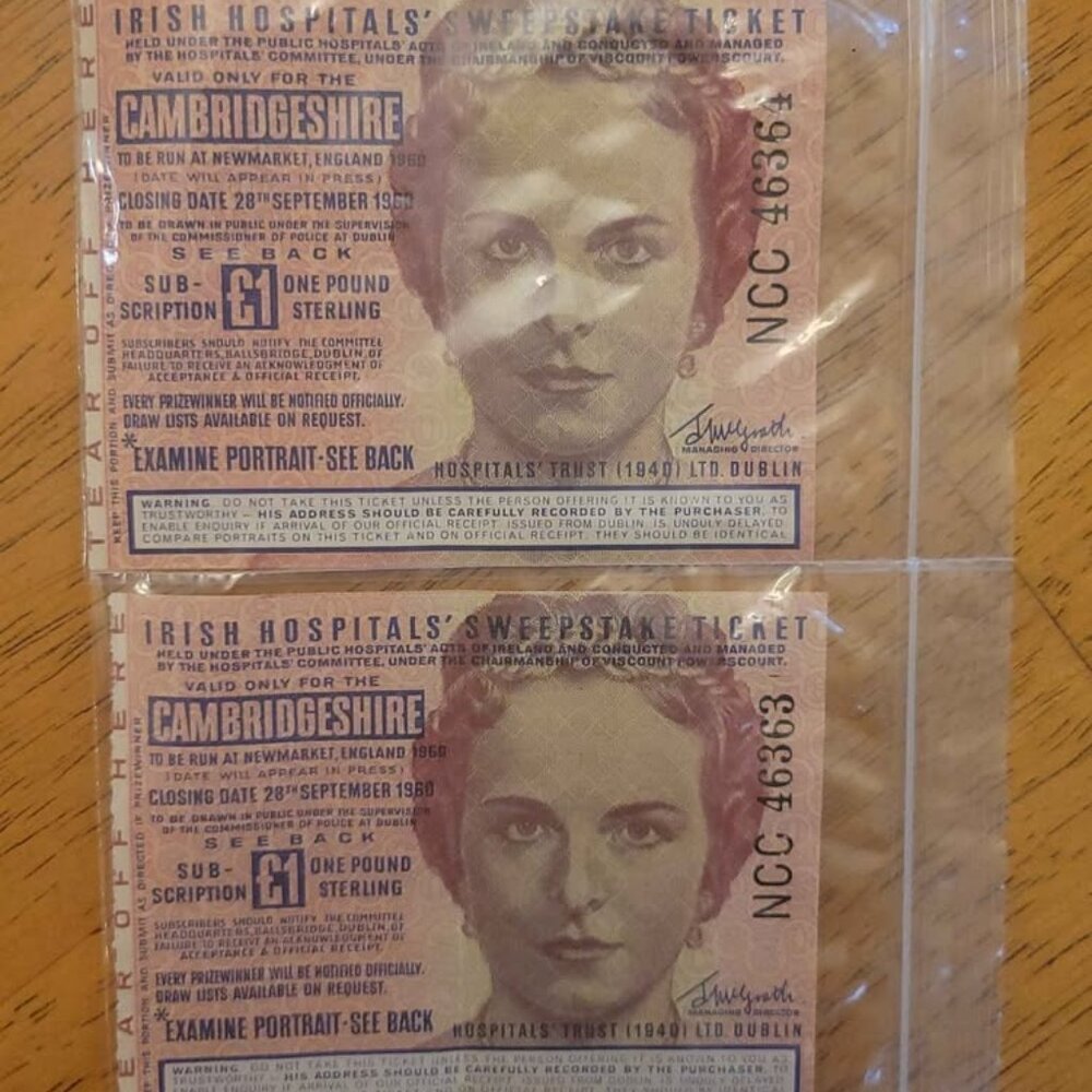 Vintage 1960 Irish Hospitals' Sweepstake tickets for the Cambridgeshire
